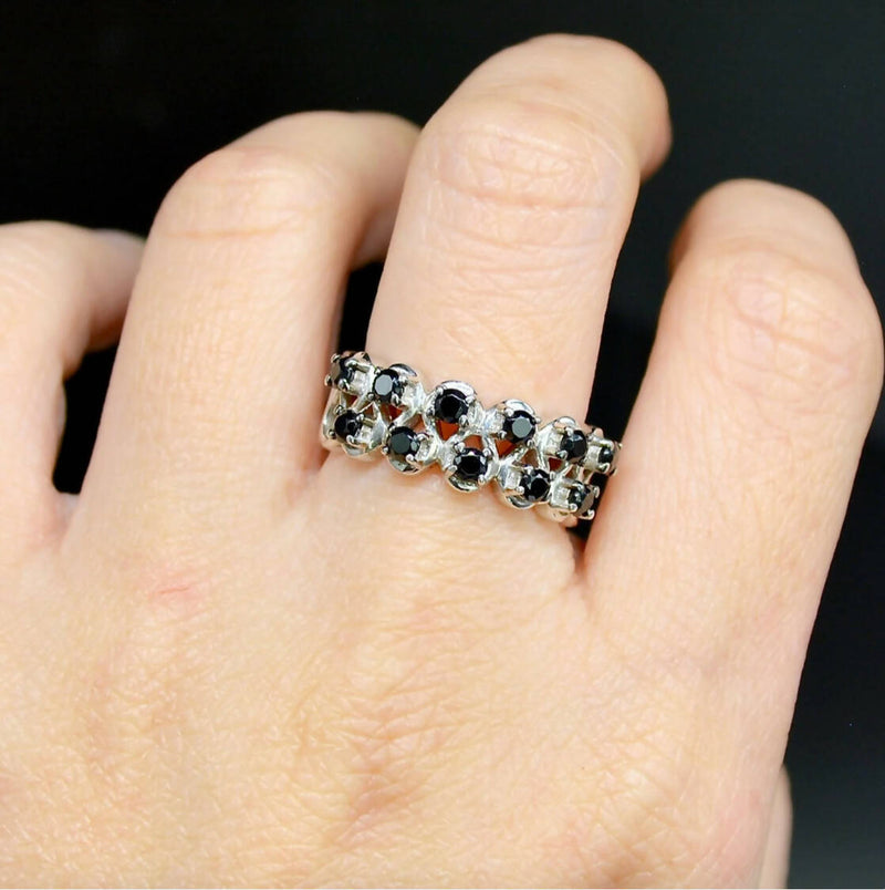 Natural Black Spinel Half Eternity Sterling Silver Stacking Band