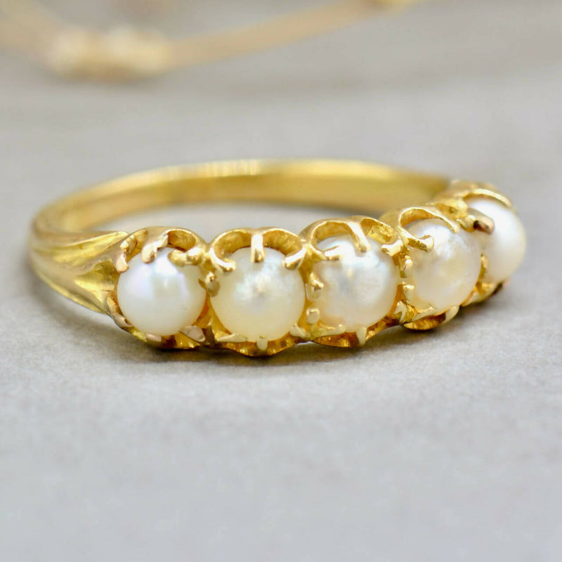 Antique 18ct Yellow Gold Five Pearls Half Hoop Ring