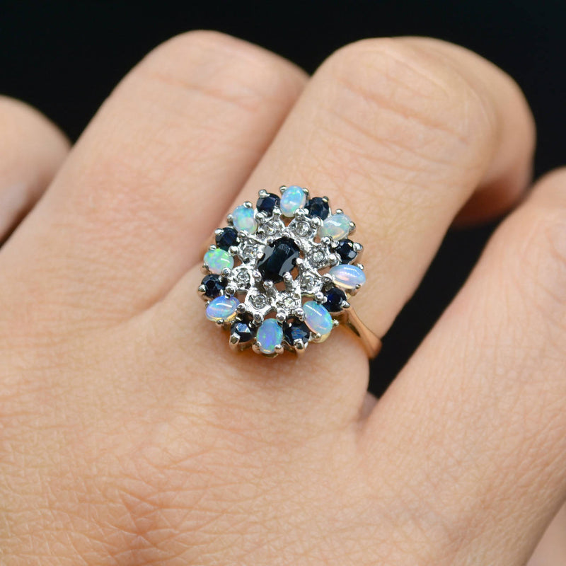 Vintage 9CT Yellow Gold Sapphire, Opal & Diamond Cluster Ring