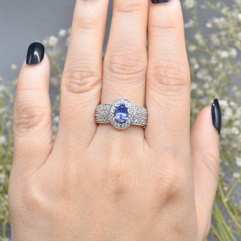 Tanzanite and White Zircons Silver Halo Three-Layer Design Ring