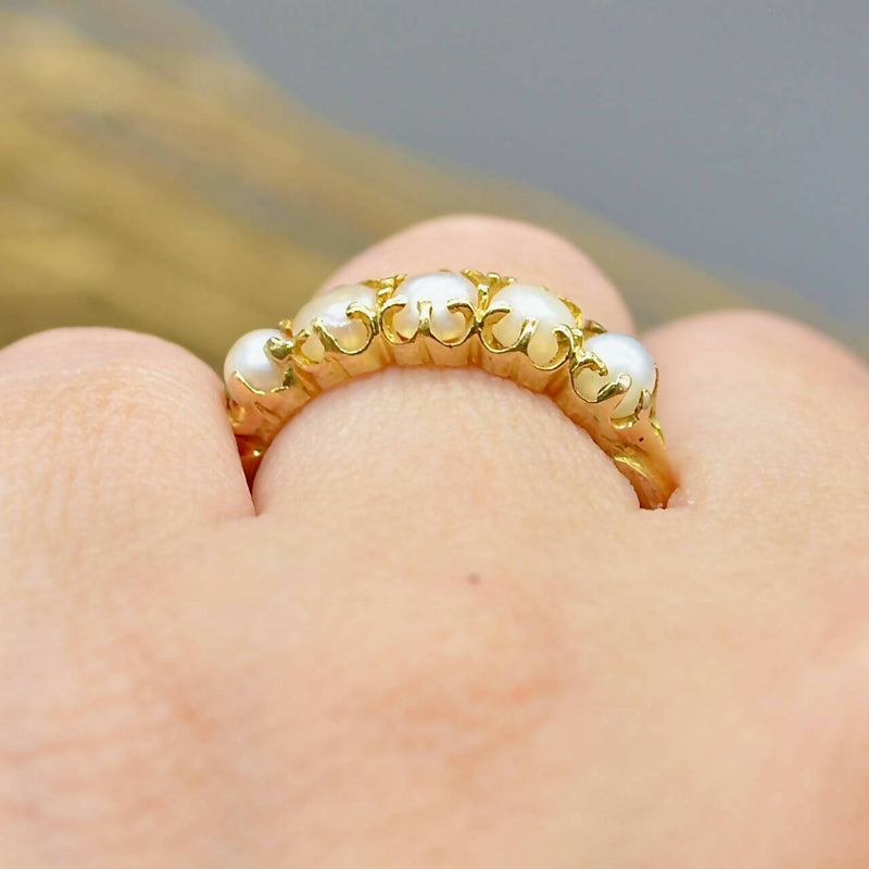 Antique 18ct Yellow Gold Five Pearls Half Hoop Ring